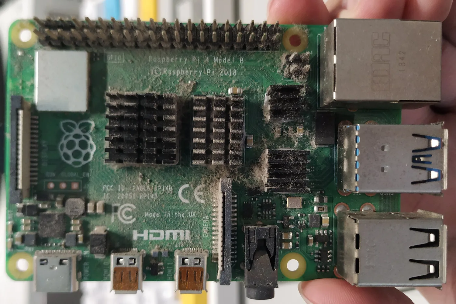 A photo of a dusty raspberry pi 4b