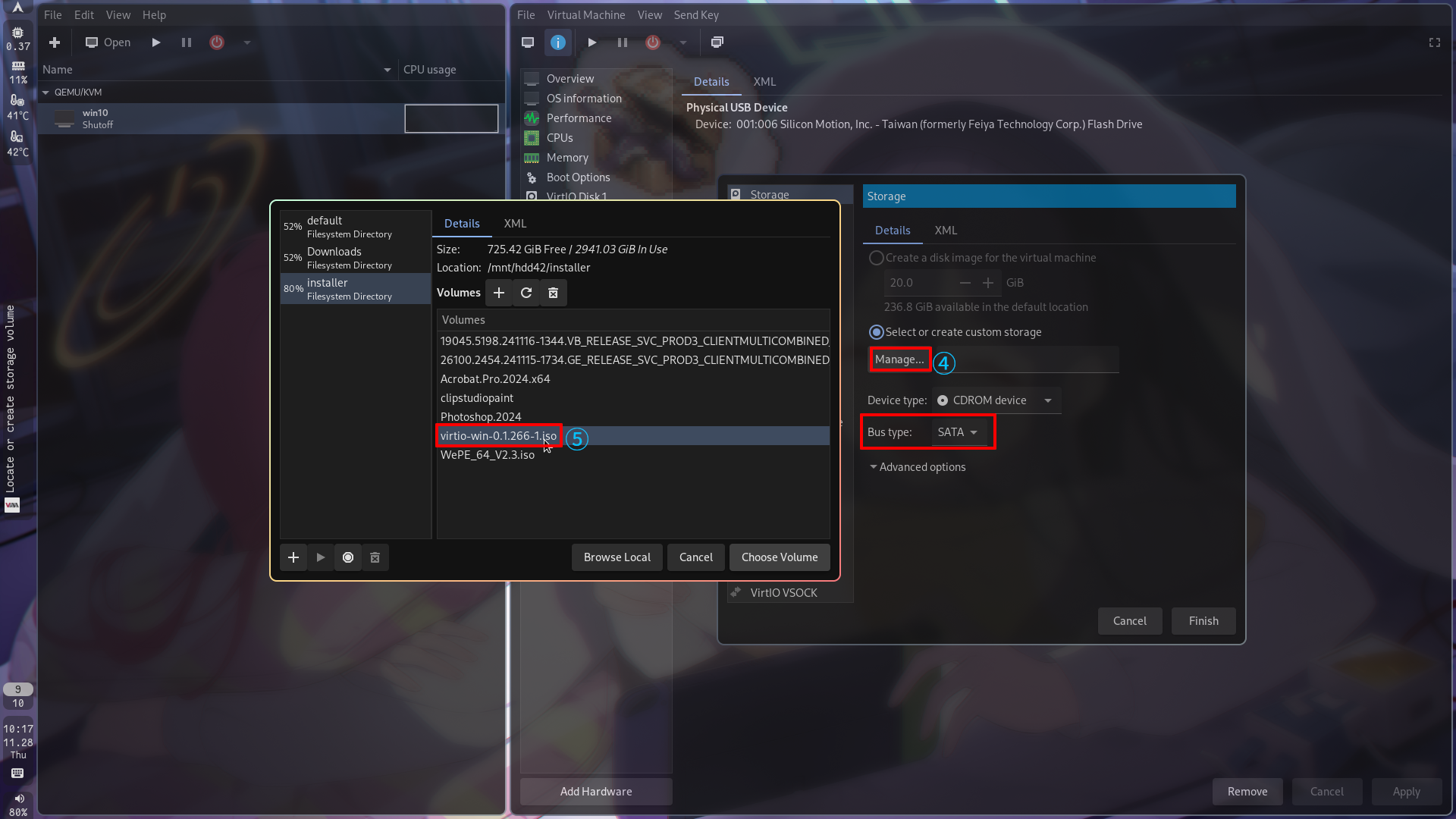 Virt Manager 连接光盘设备选择 SATA 类型和 VirtIO 驱动的 ISO
