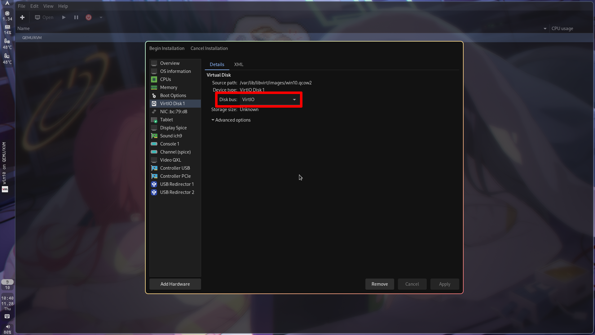 Virt Manager 创建一个使用 VirtIO 类型存储设备的虚拟机